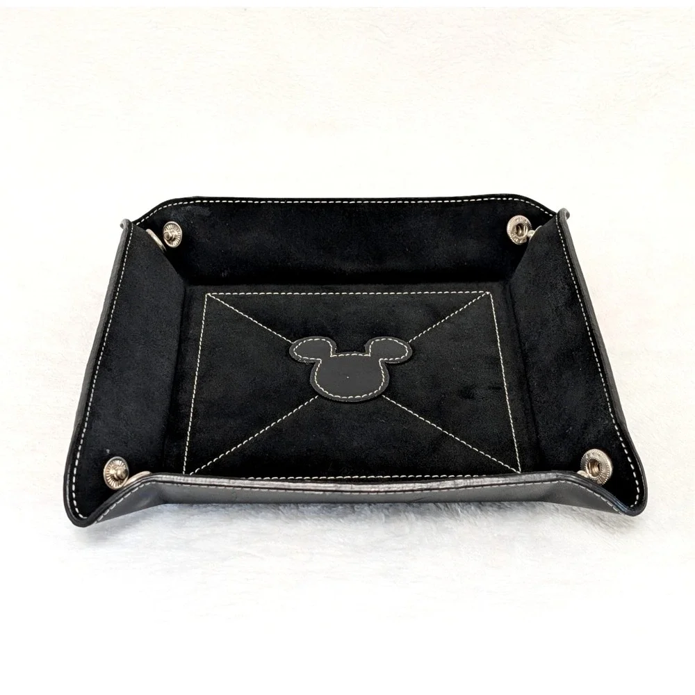 RARE Disney Genuine Leather Mickey Mouse Snap Valet Catchall Tray Black Velvet